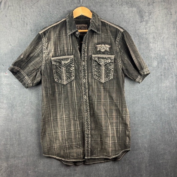 Affliction Charcoal American Customs Button Down Shirt Headdress Graphic Sz M - Picture 1 of 14